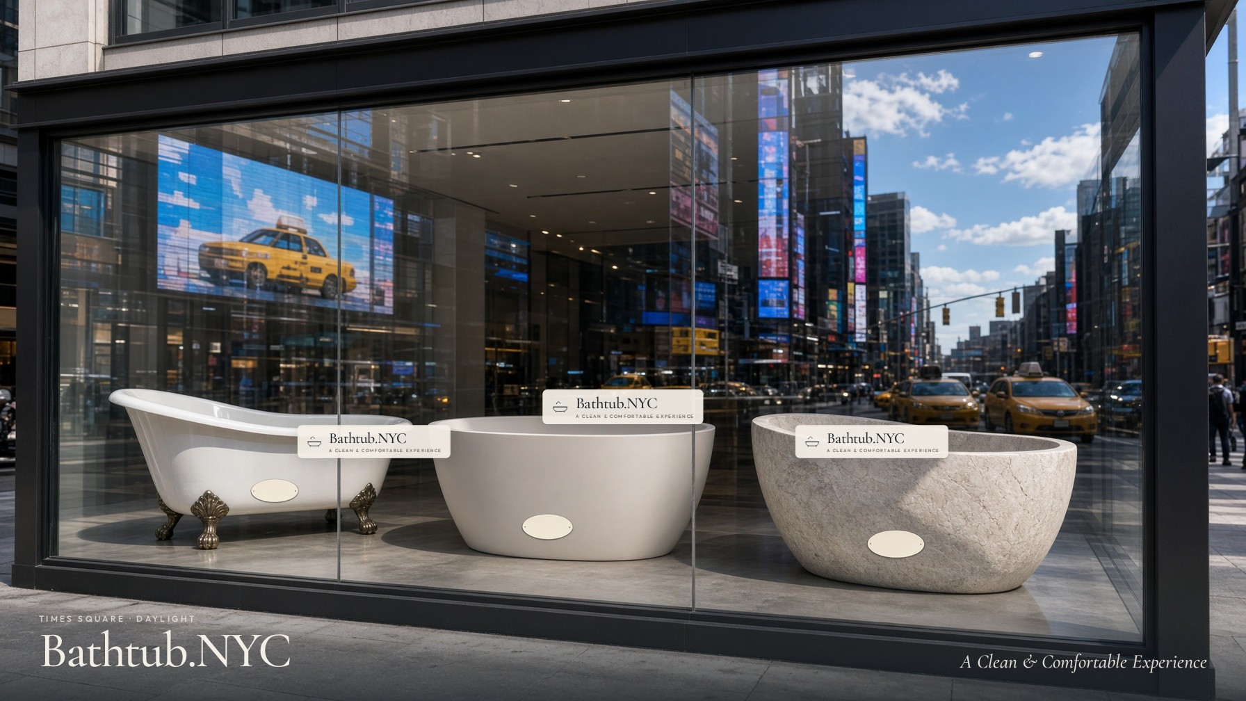 Bathtub.NYC Times Square storefront in daylight, three bathtubs in the shop window each marked Bathtub.NYC